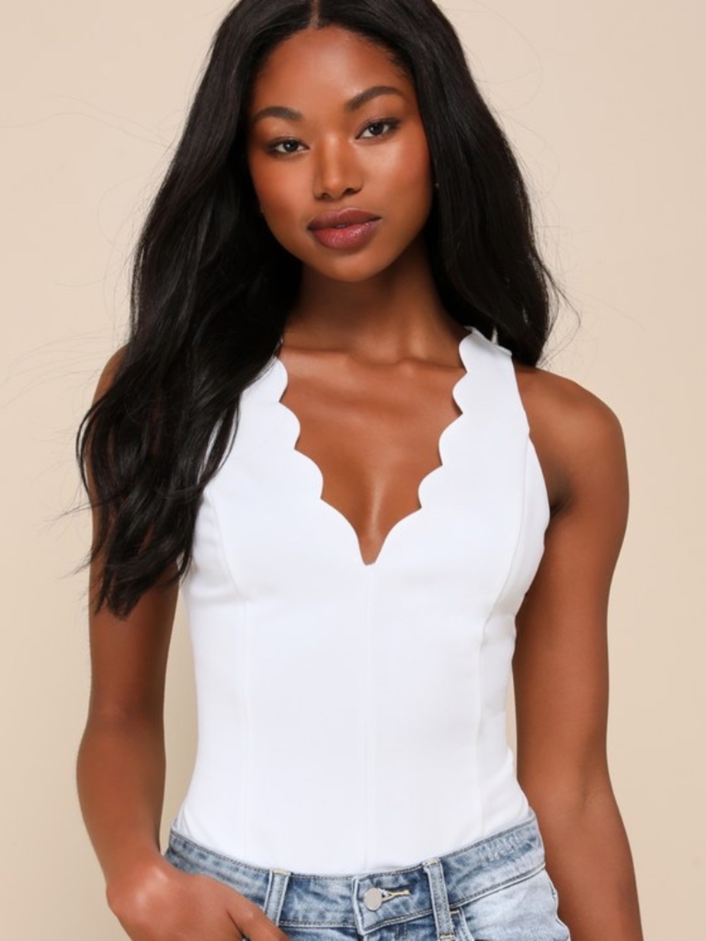 Lulus Admired Poise White Scalloped V-neckline Sleeveless Bodysuit - Size L